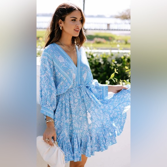 Aakaa Dresses & Skirts - Blue & White Floral Boho Mini Dress with Tassel Tie Waist – Flowy Ruffle Hem